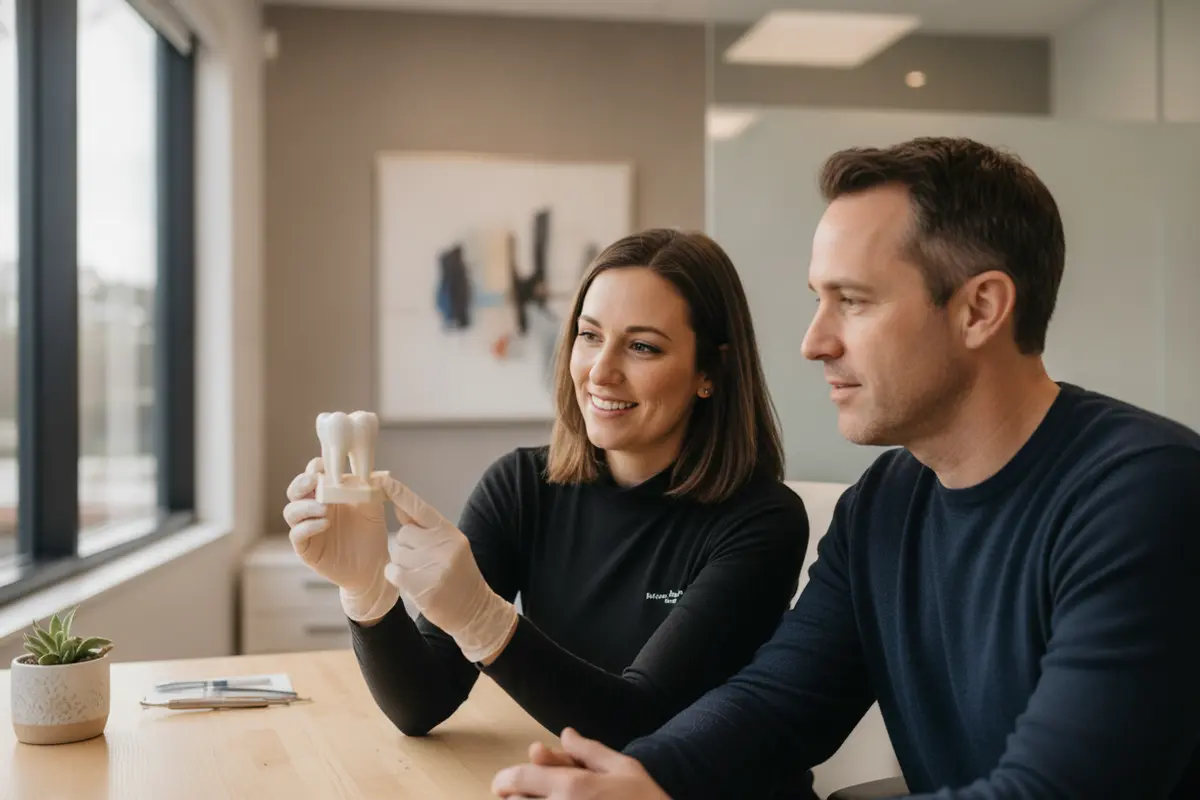 Dentist explaining tooth replacement options with a dental model