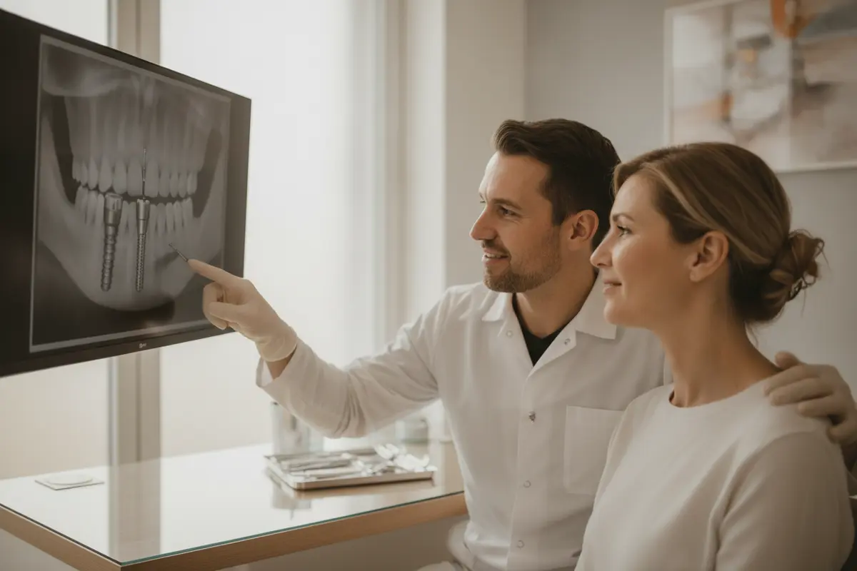 Dentist reviewing a dental implant scan and treatment options with a patient