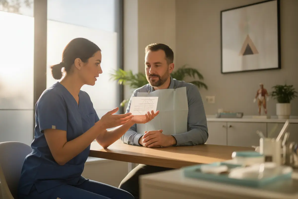 Dentist reviewing dental filling aftercare instructions with a patient