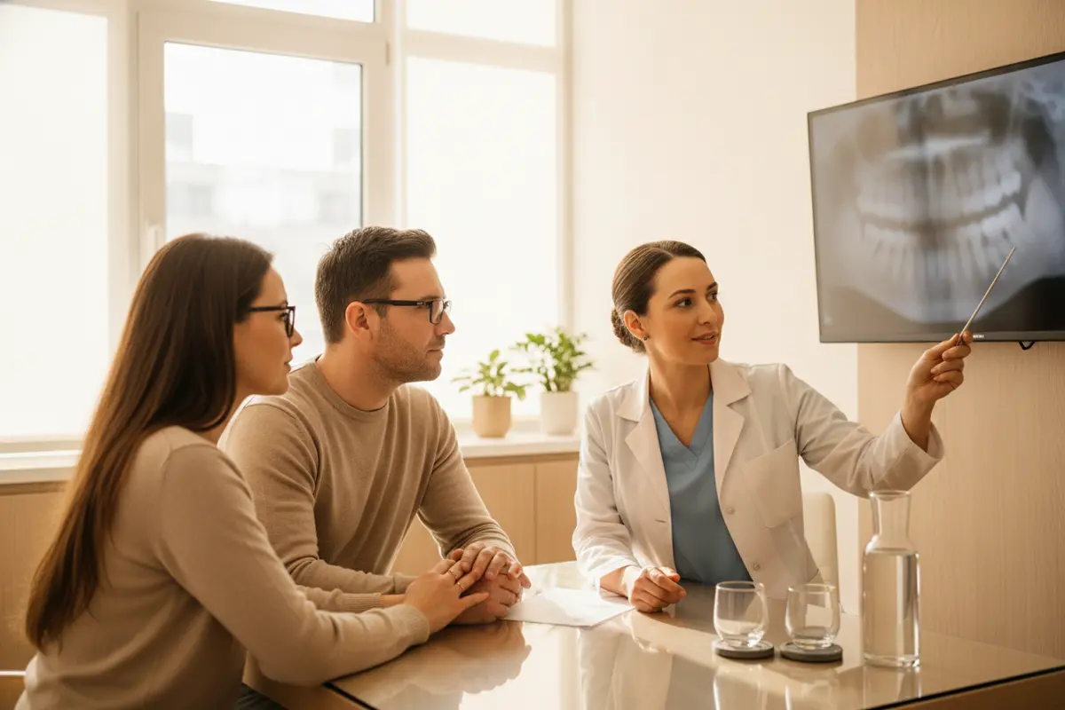 Dentist reviewing dental imaging and a treatment plan with a patient
