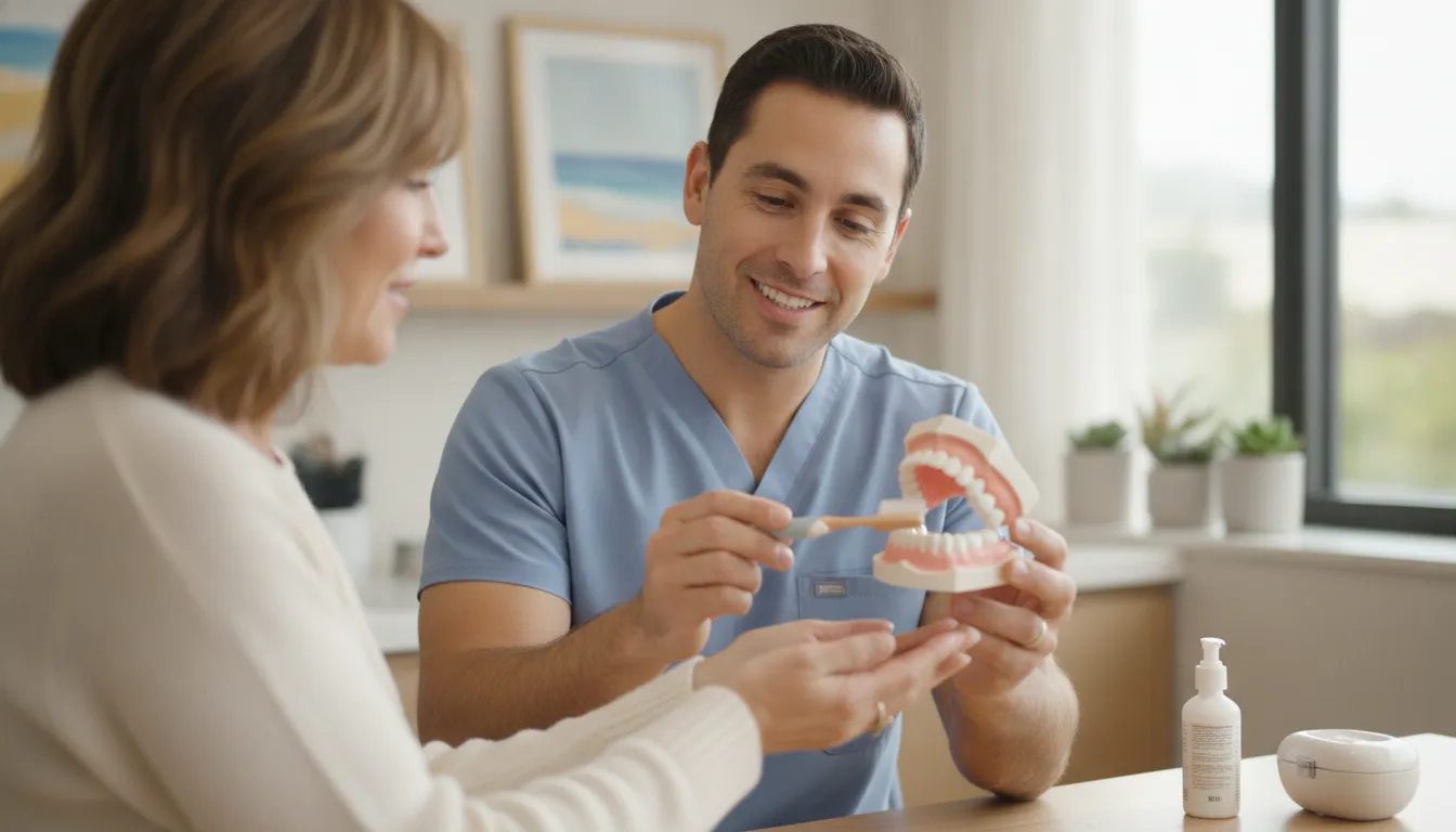 Dentist explaining removable denture care to an adult patient