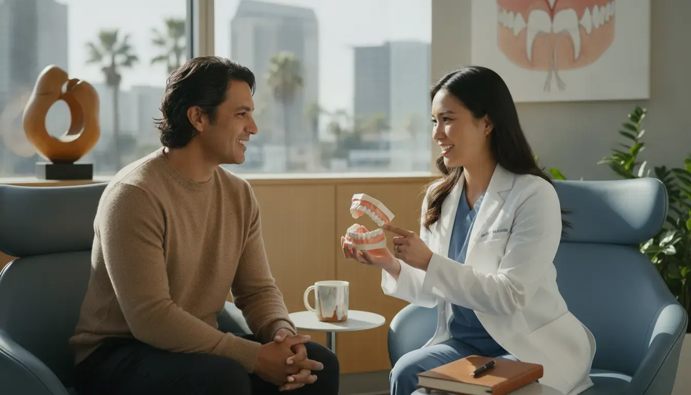 Patient reviewing personalized denture treatment options with a San Diego dentist