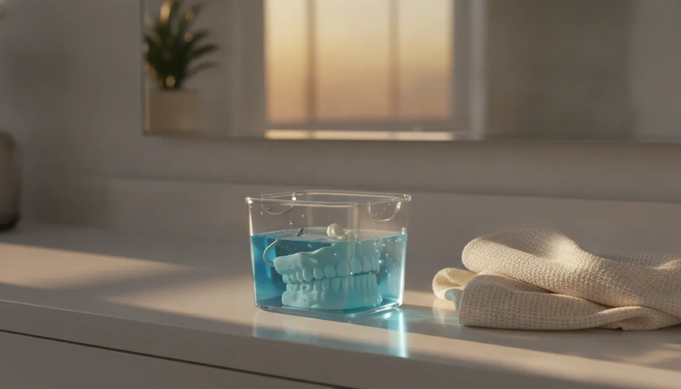 Clean denture soaking container on a bathroom counter