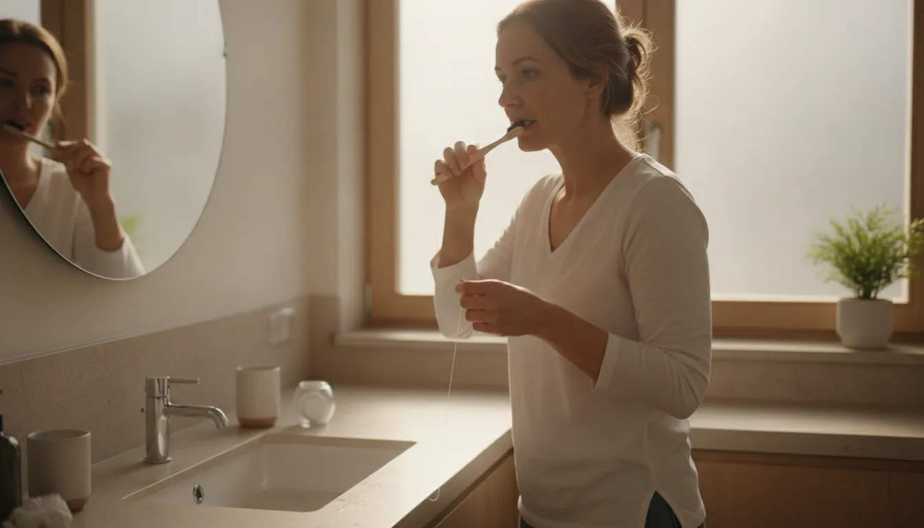 Adult patient practicing a gentle daily oral care routine at a bright bathroom sink