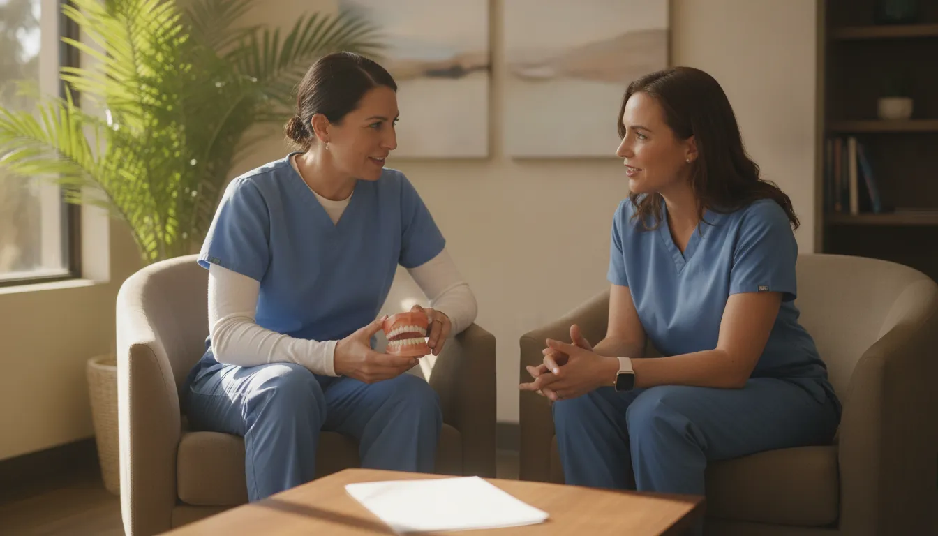 Dental professional discussing a filling treatment plan with a patient
