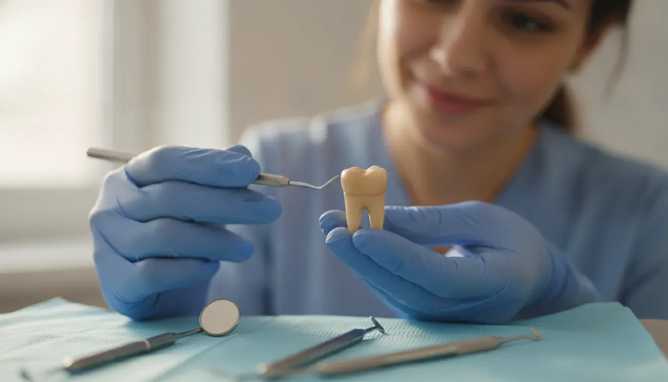 Dentist examining a tooth model while discussing dental filling materials