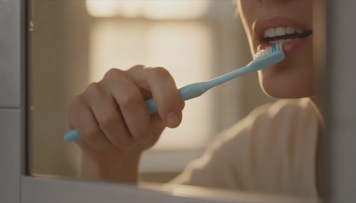 Person using a gentle tooth brushing technique at a bathroom mirror