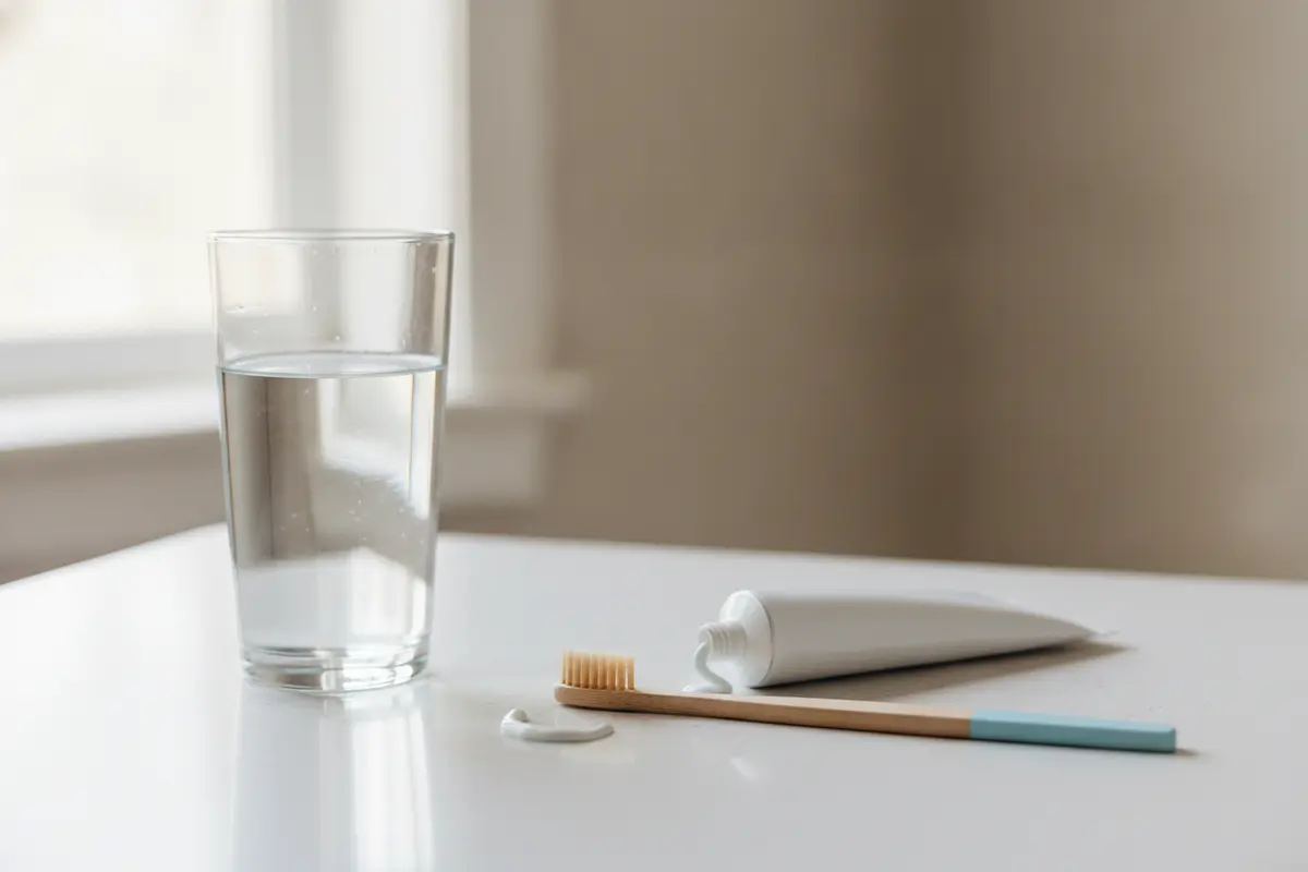 Glass of water beside a toothbrush and fluoride toothpaste on a clean bathroom counter