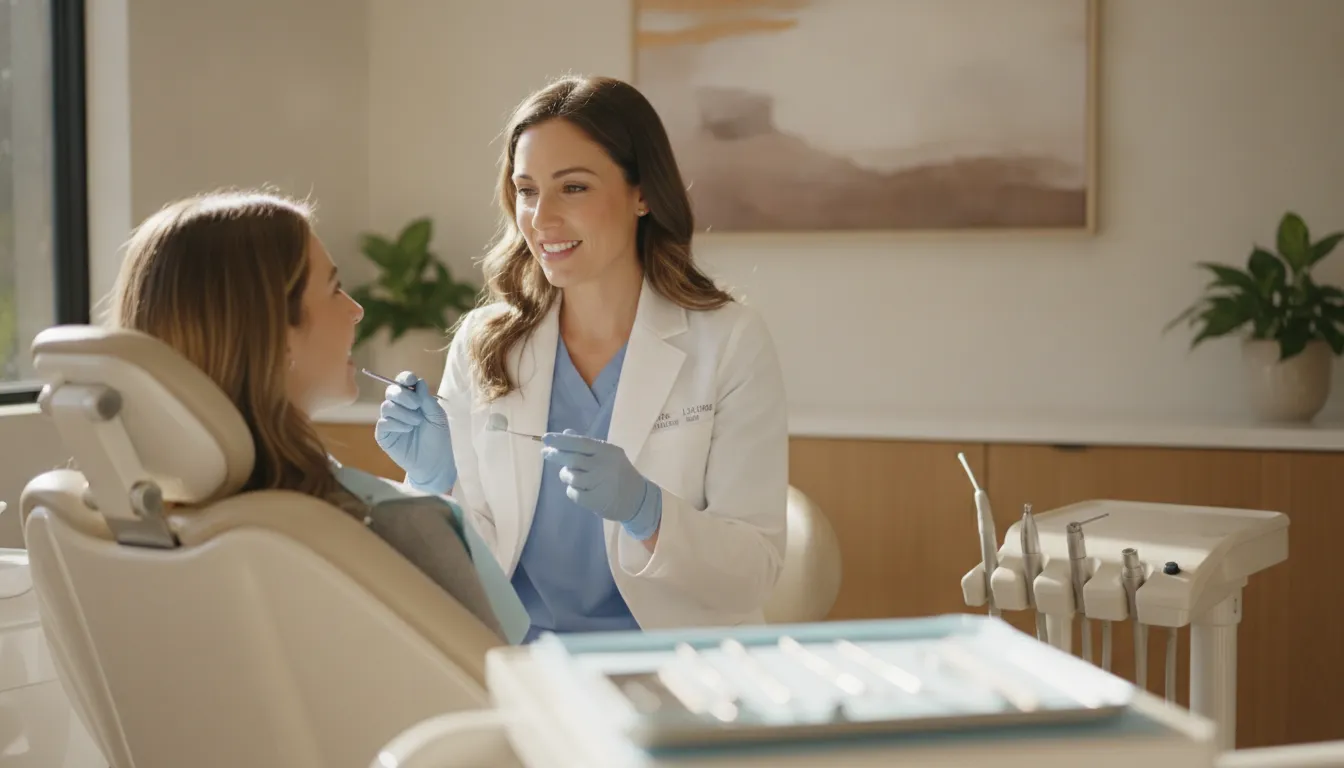 Dentist examining a dental filling during a calm patient visit