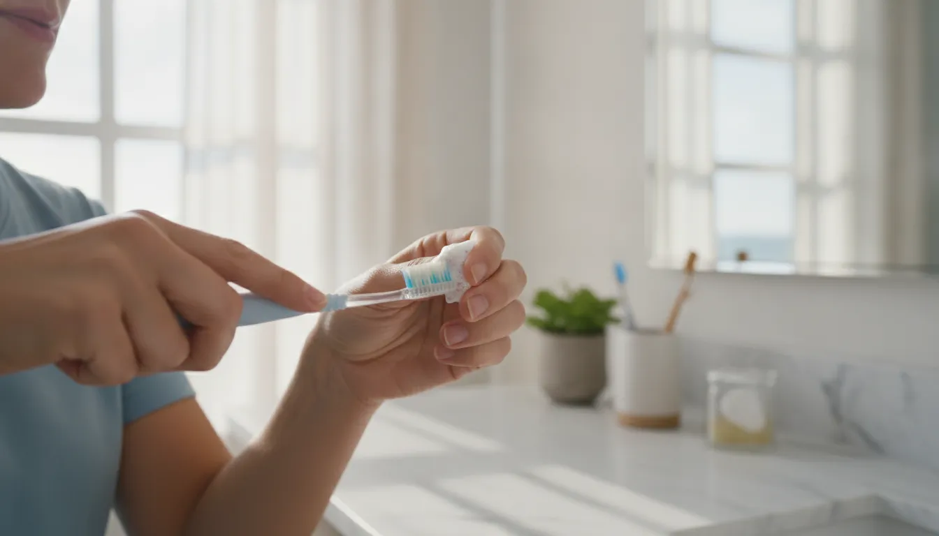 Using a soft toothbrush to clean around an implant crown at the gumline