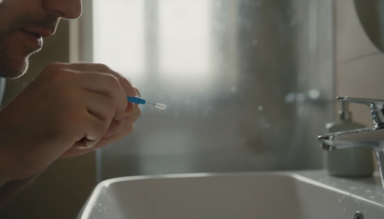 Gently cleaning between teeth near an implant with an interdental brush