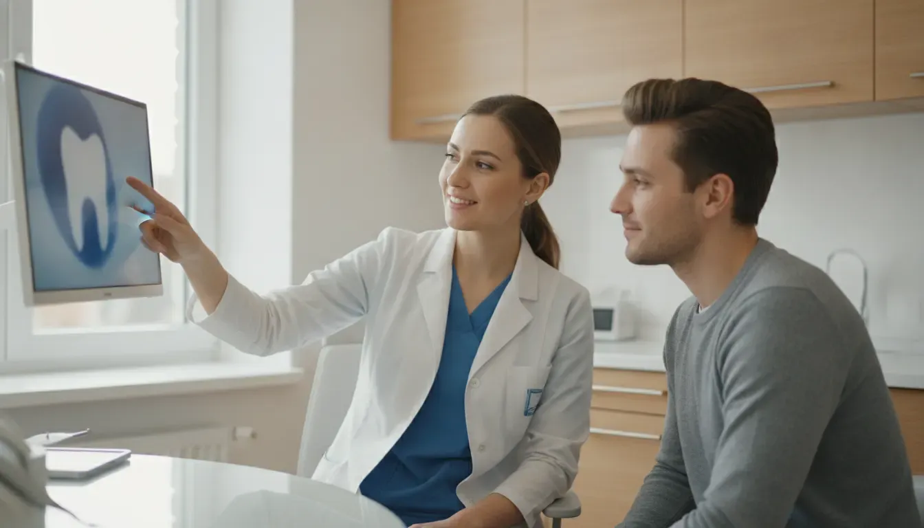 Dentist reviewing dental implant imaging with a patient before treatment