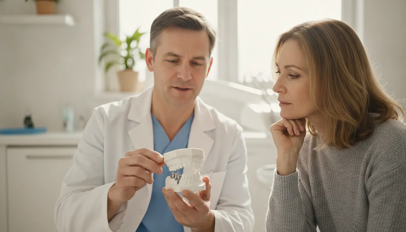 Dentist reviewing dental implant treatment planning with a patient