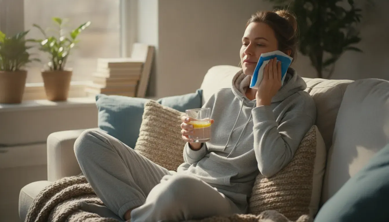 Patient resting comfortably at home after dental implant treatment