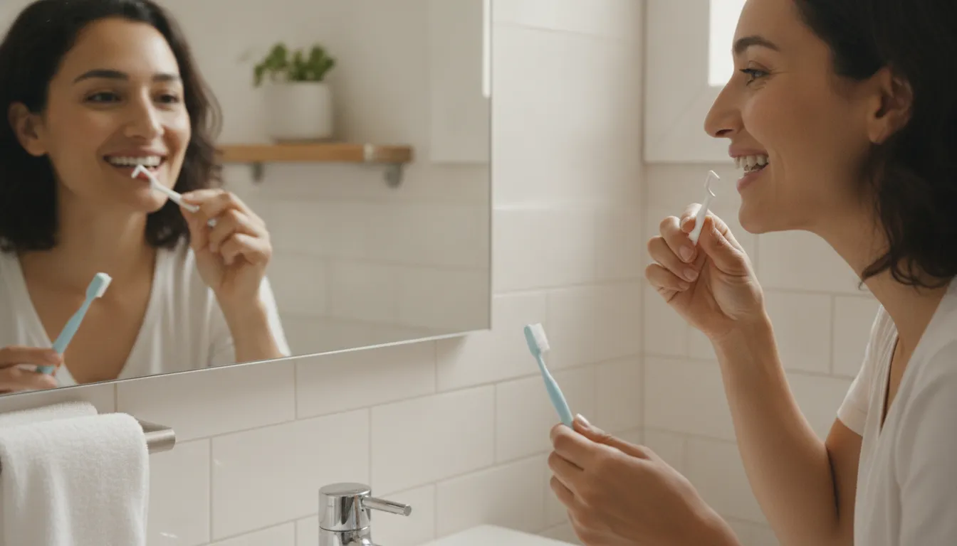 A person gently cleaning around a dental bridge as part of a daily oral-care routine