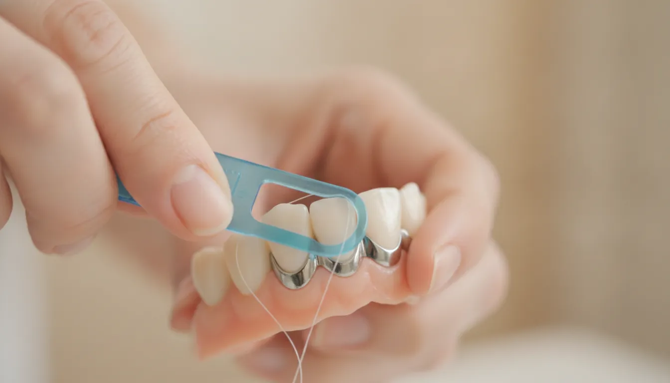 Dental floss guided beneath a fixed bridge with a floss threader