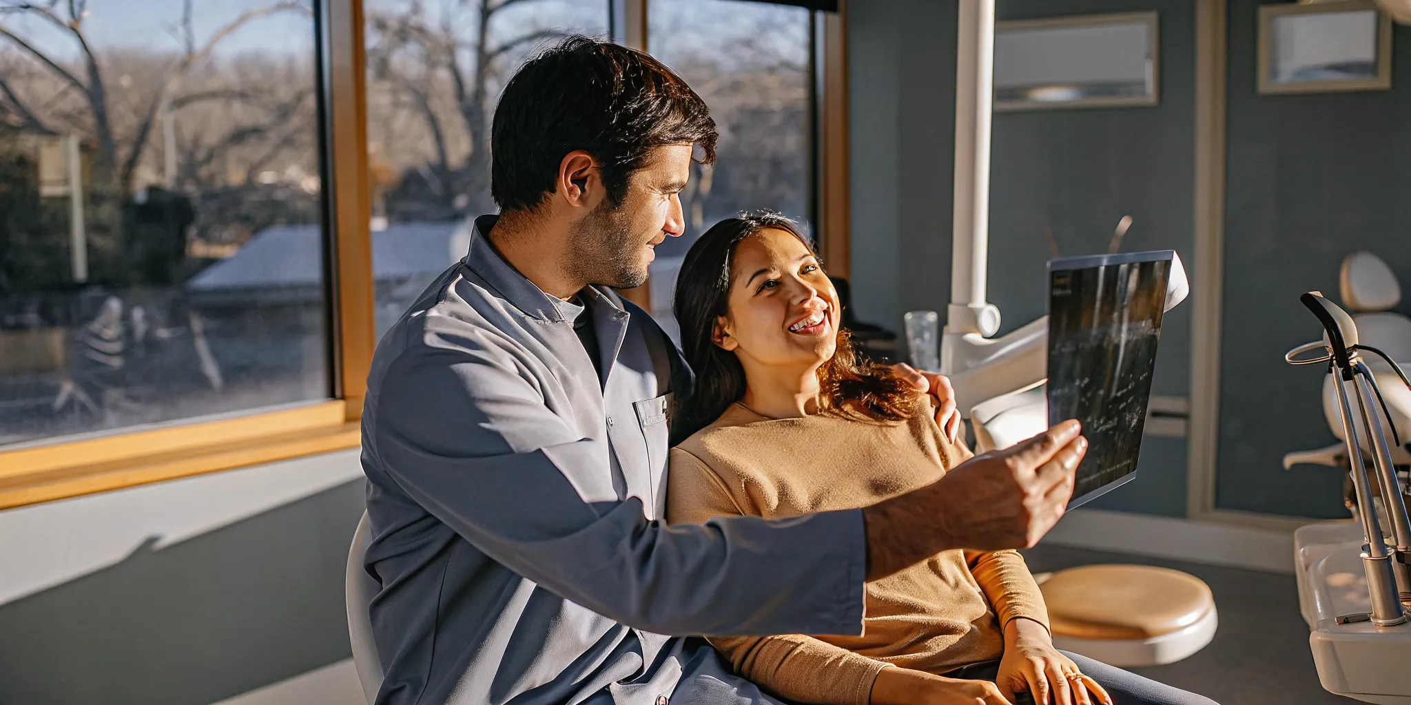 Dentist reviewing a broken tooth and dental imaging with a patient