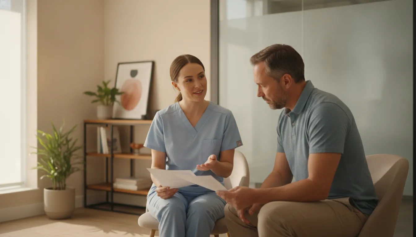 Dental professional discussing personalized implant aftercare with a patient