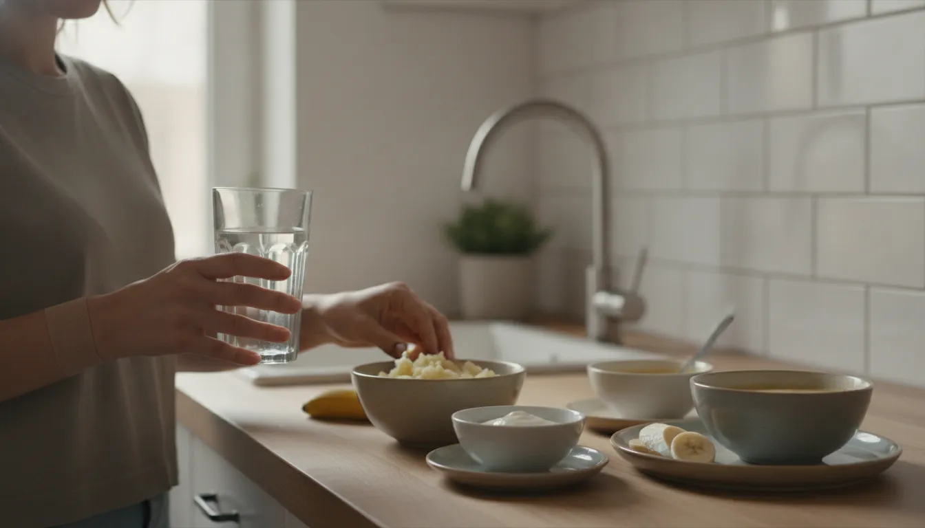Soft foods and water arranged for dental implant recovery