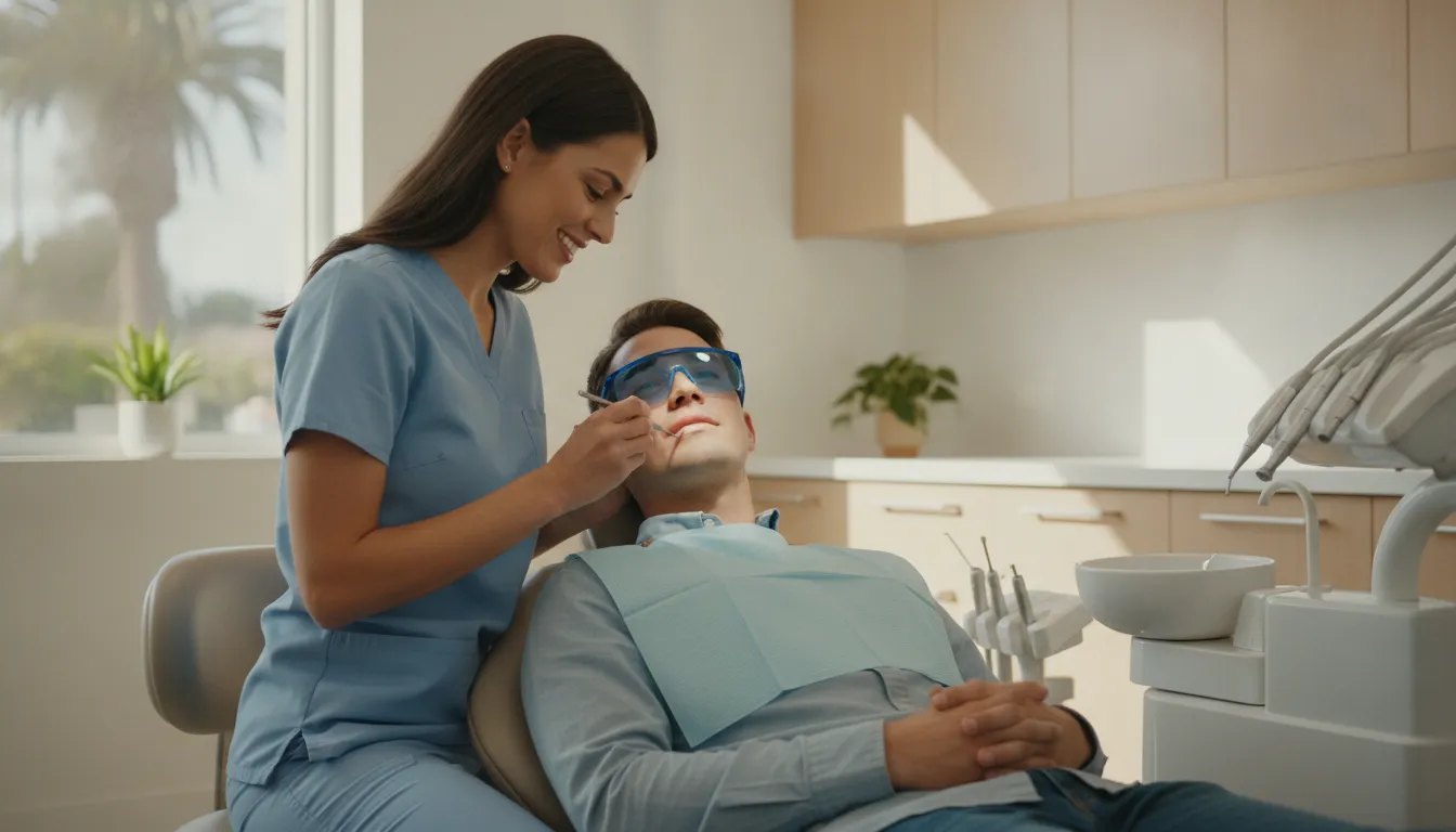 A dentist gently examining a patient's tooth during a root canal consultation in a modern San Diego dental clinic