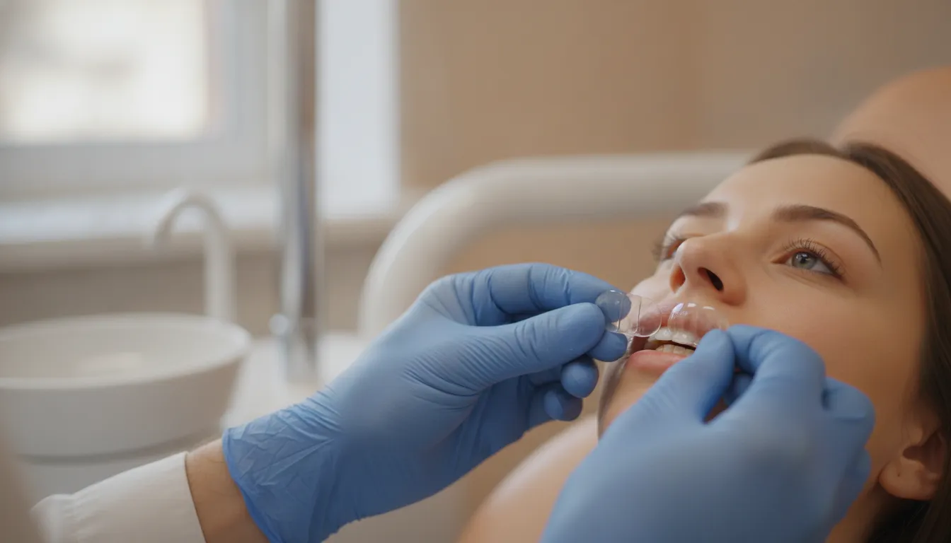 A dentist holding a thin custom porcelain veneer shell beside a patient's teeth in a modern cosmetic dentistry office