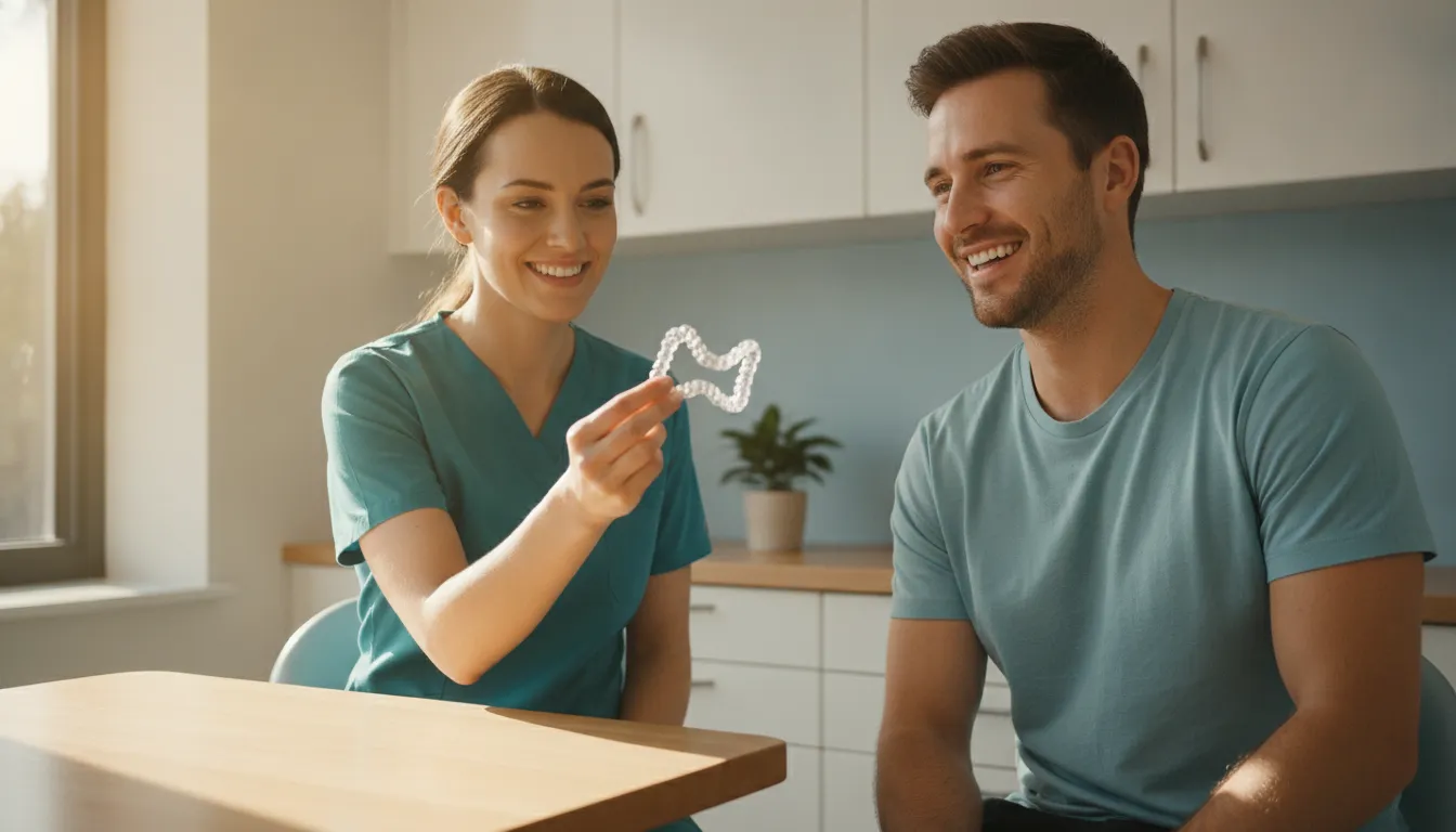 Adult patient reviewing a set of clear Invisalign aligners with a dental professional
