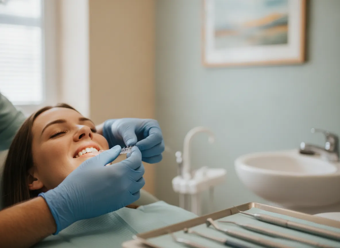 Dentist checking the fit of a removable dental appliance