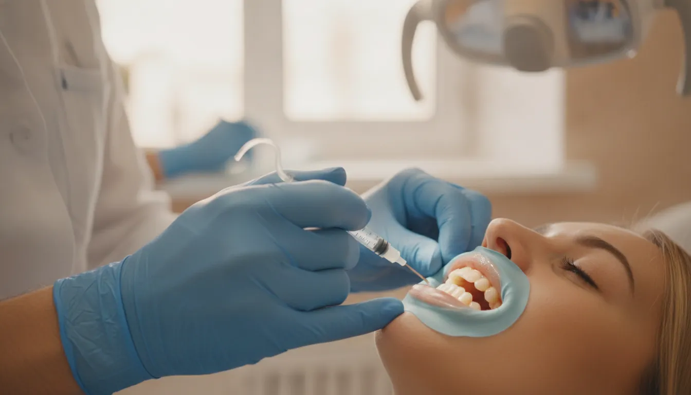 A dentist in a clean San Diego office applying protective gel before professional whitening treatment