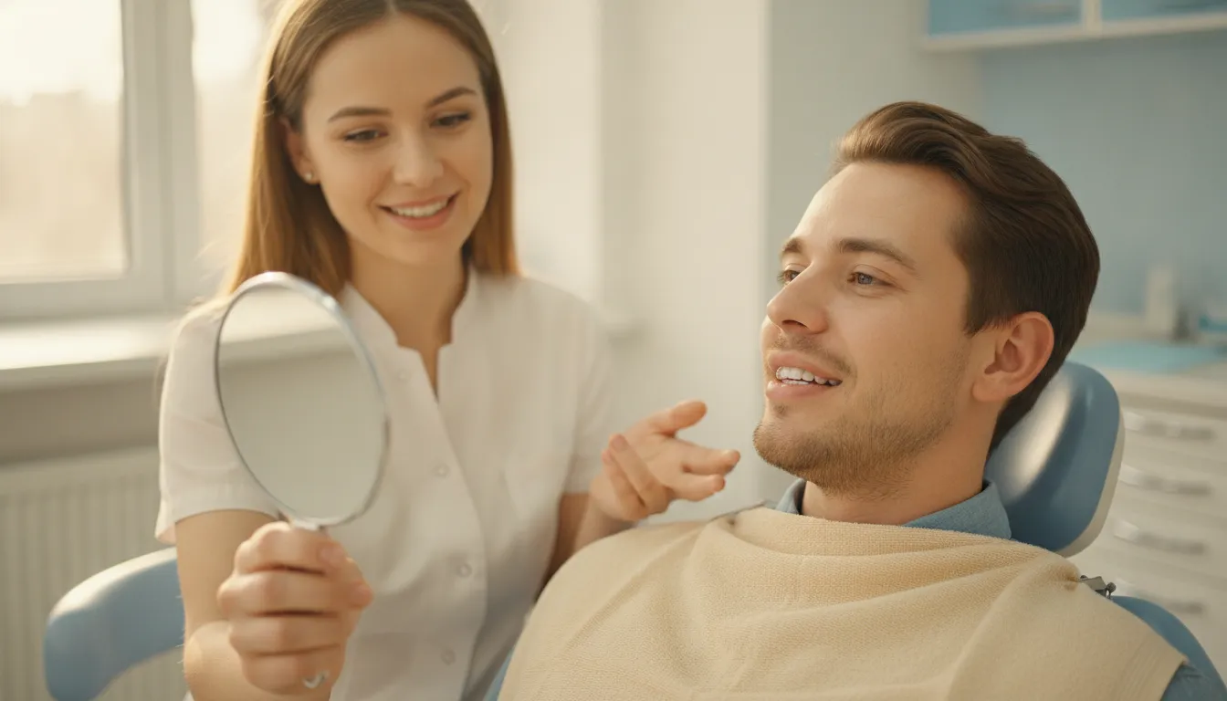 Patient discussing porcelain veneers with a dentist during a cosmetic smile consultation