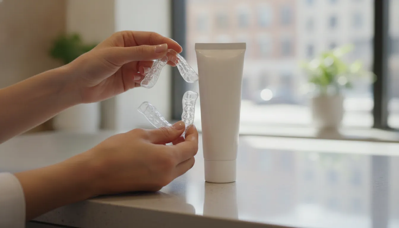 Custom dentist-provided take-home whitening trays with whitening gel