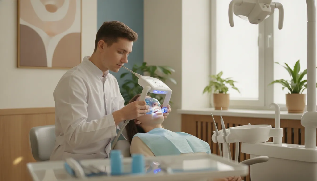 A dental professional applying an in-office LED whitening treatment under supervised care