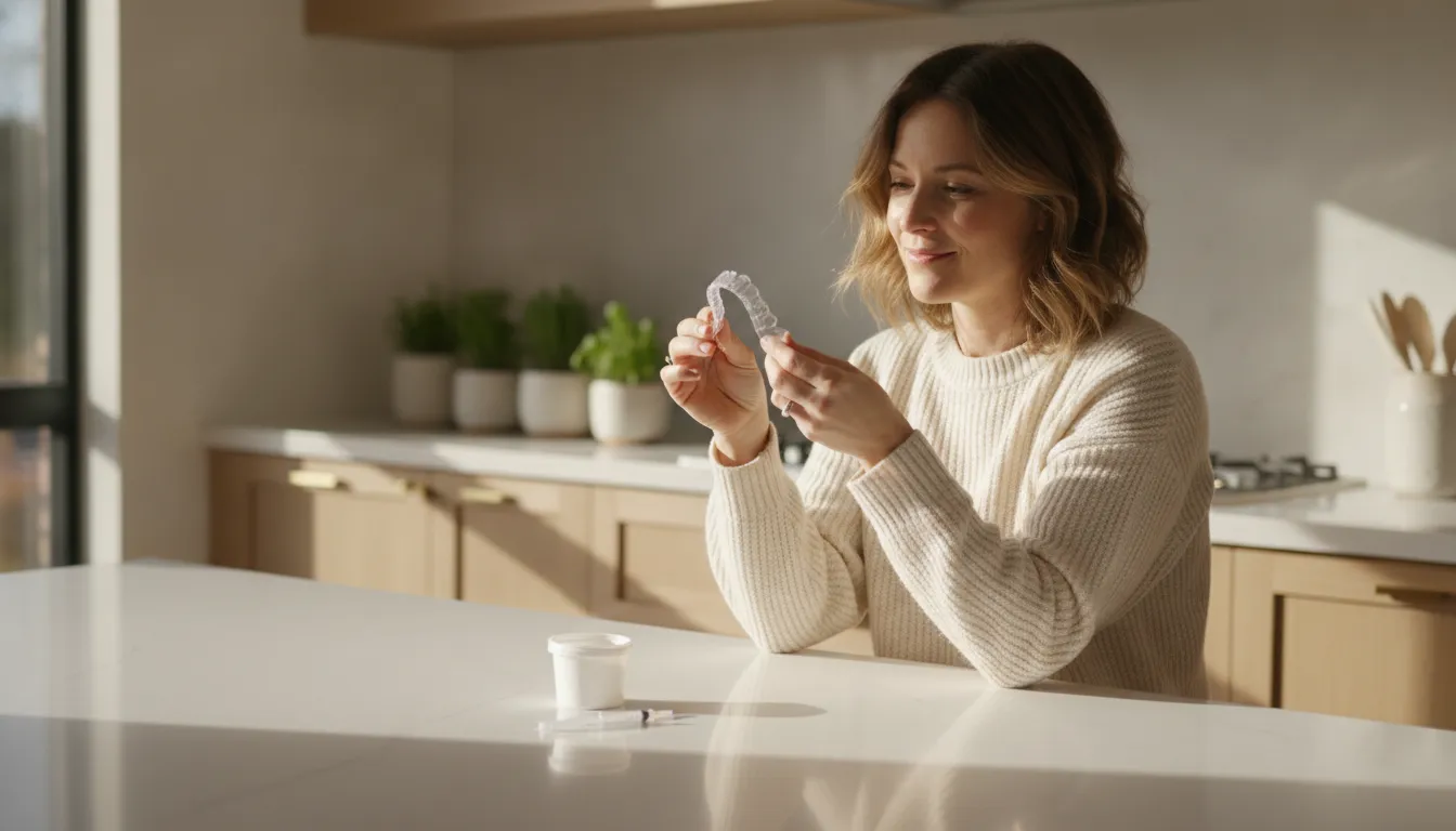 A patient preparing a custom take-home whitening tray kit on a clean counter in a bright home setting