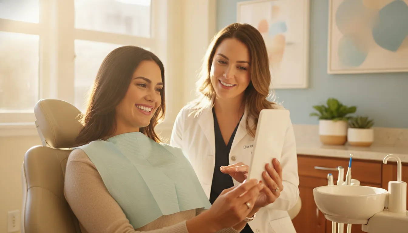 A woman looking at her smile in a hand mirror during a cosmetic consultation with a dentist in a bright Hillcrest practice