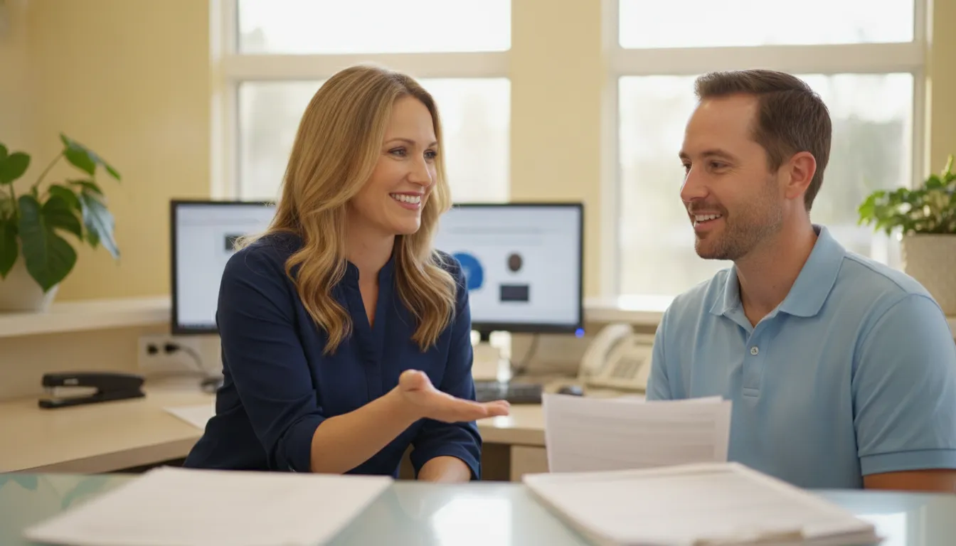 A friendly dental coordinator explaining a flexible payment plan to a patient at a warm San Diego dental office front desk
