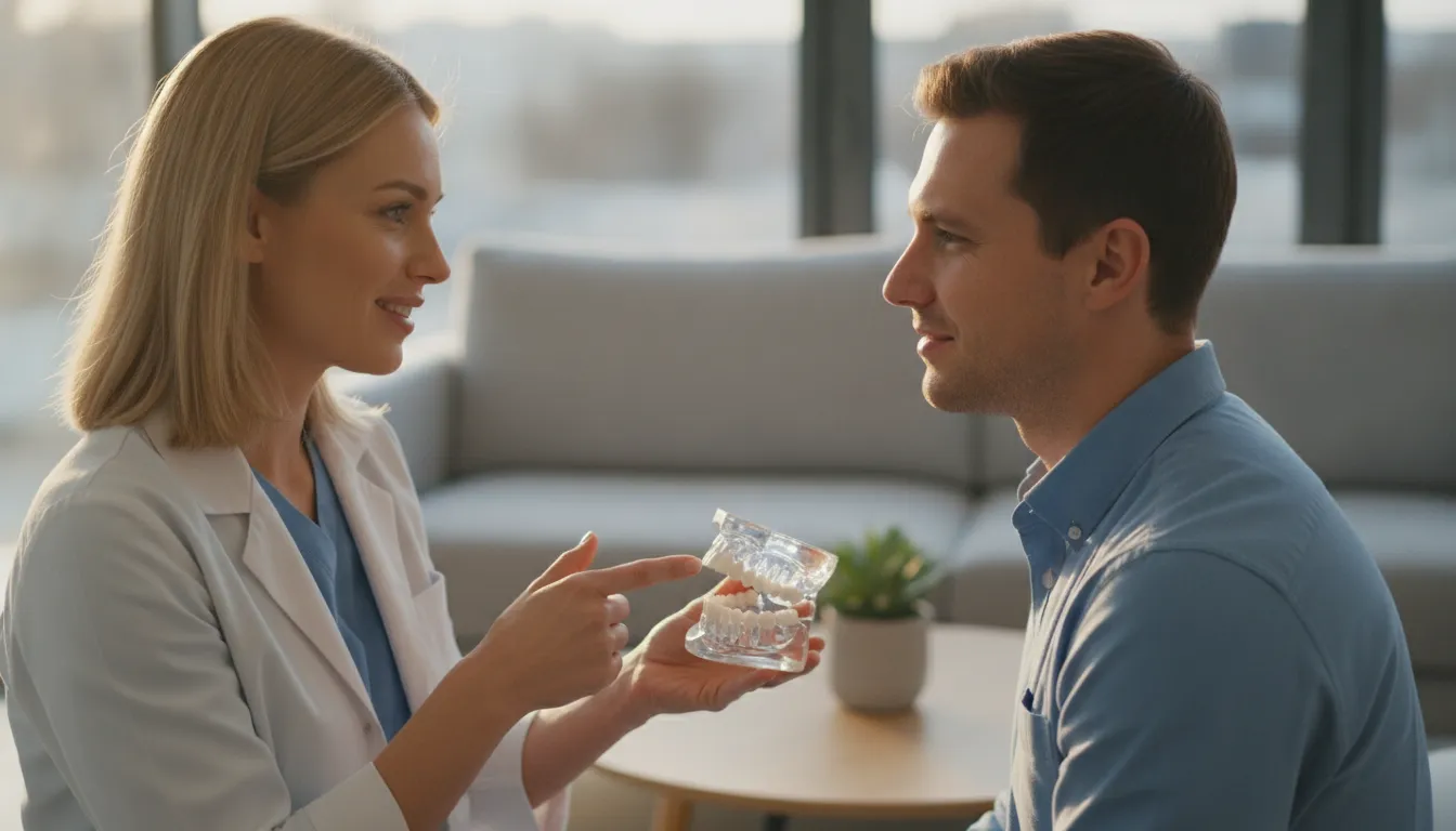 Dentist discussing overbite treatment options with an adult patient during a consultation