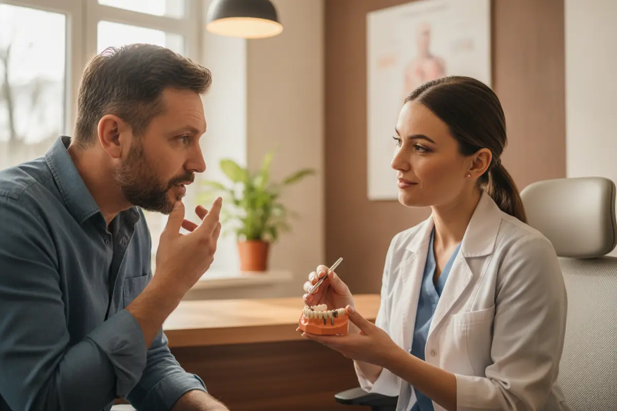 Patient asking a dentist questions about dental implant healing and follow-up visits