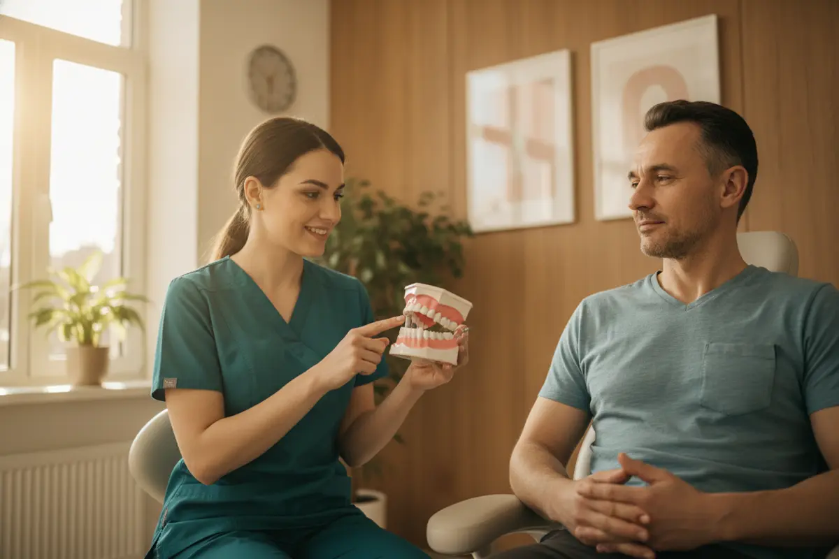Patient receiving follow-up guidance for a dental implant healing plan