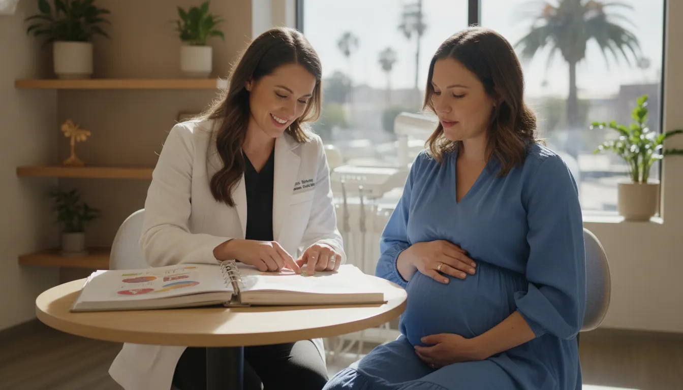 Dentist and pregnant patient discussing an individualized oral health plan