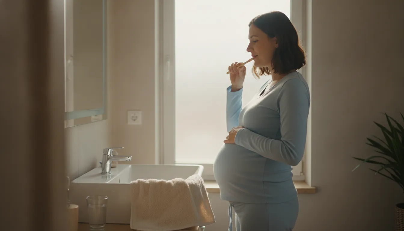 Pregnant patient practicing gentle daily oral care at home
