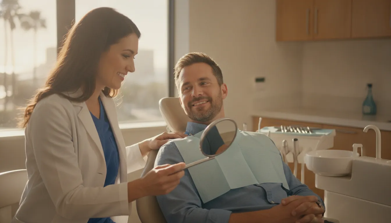 Dentist showing a satisfied dental patient the site of a newly restored tooth in a bright San Diego dental office