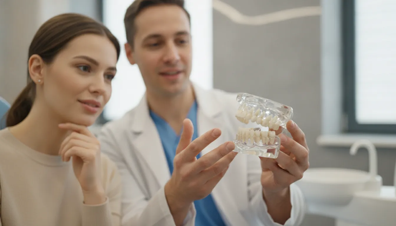 Dentist explaining tooth-saving root canal treatment to a patient
