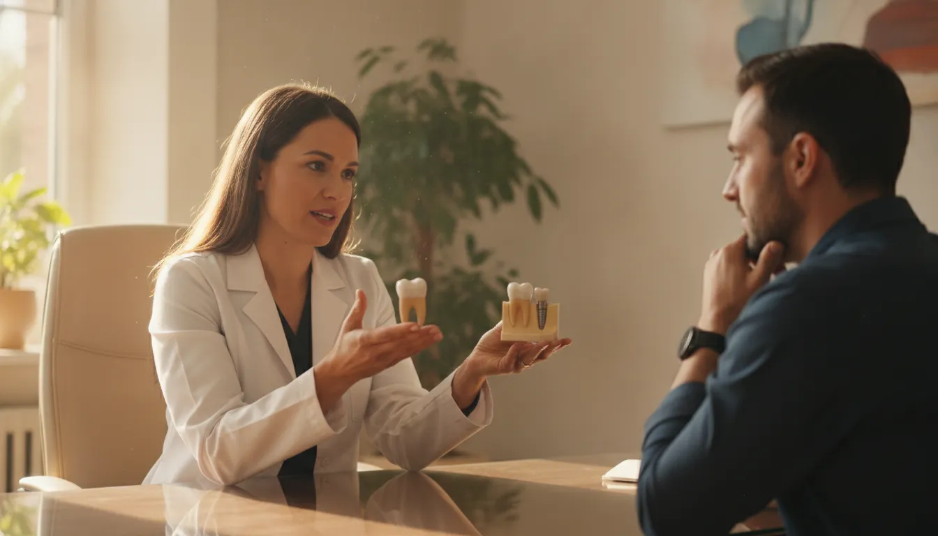 Dentist discussing root canal and tooth replacement options with a patient