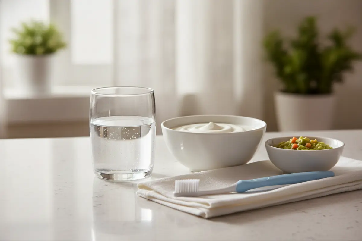 Soft foods and a toothbrush arranged for gentle care after a dental bone graft