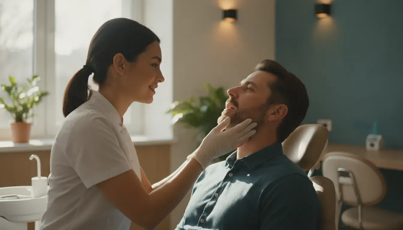 Dentist gently observing jaw movement during a TMJ evaluation