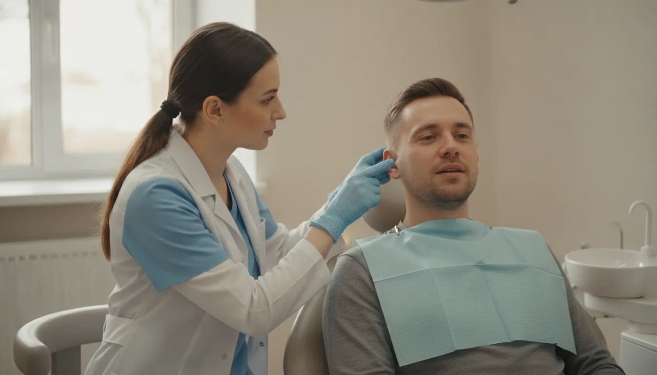 Clinician demonstrating the area near the temporomandibular joint