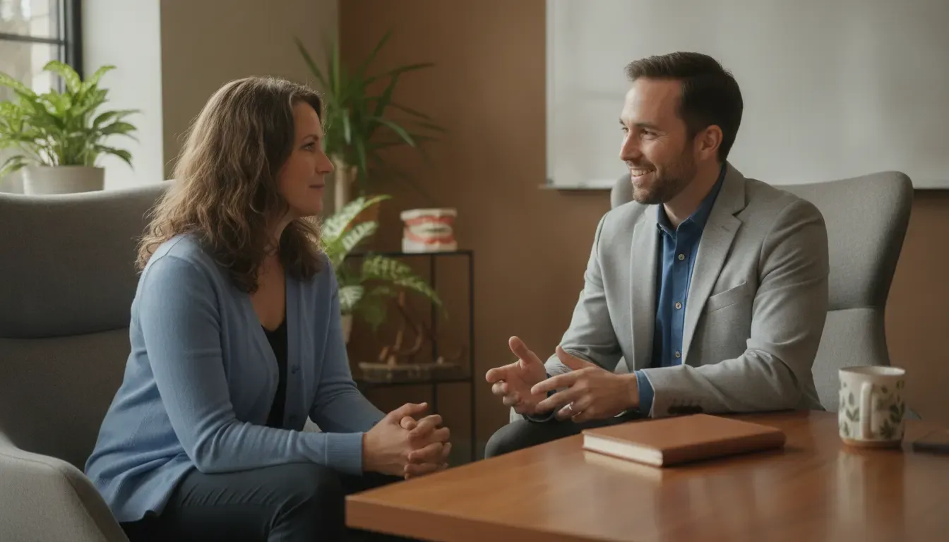 Dentist and patient discussing a conservative TMJ treatment plan