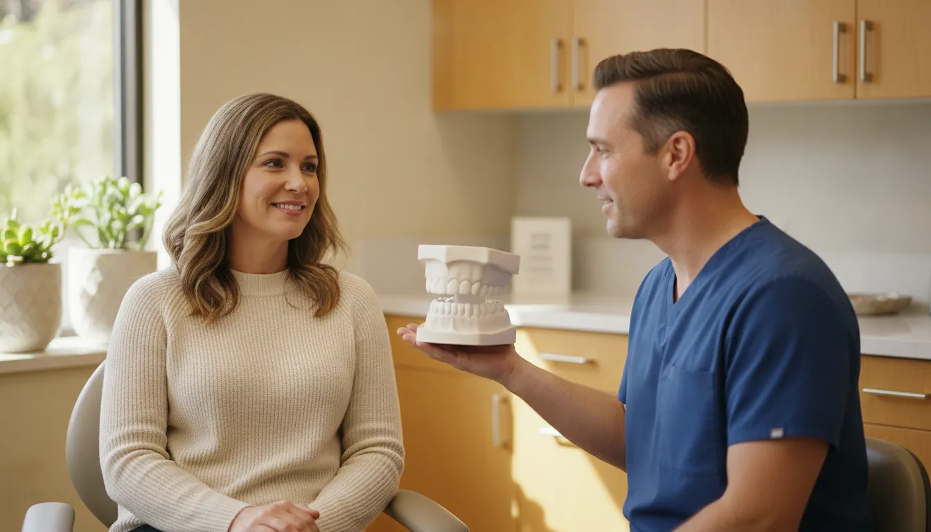 Dentist discussing veneer replacement options with a patient