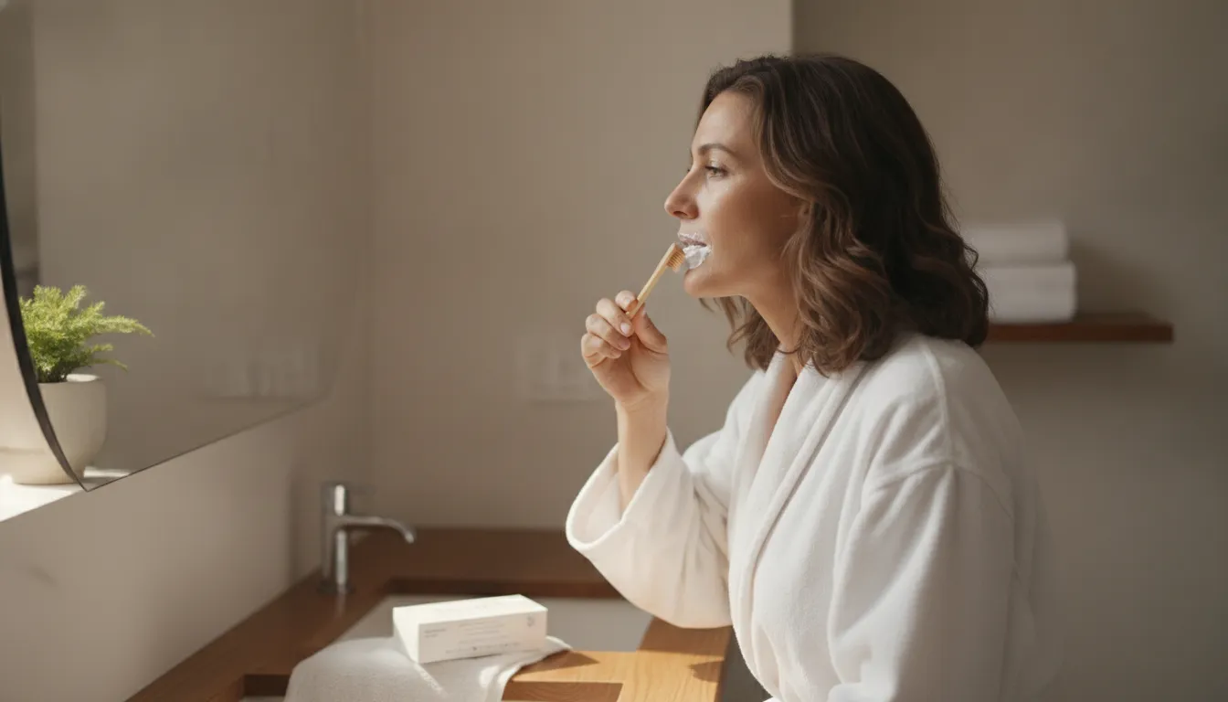 Adult gently brushing teeth as part of a whitening routine
