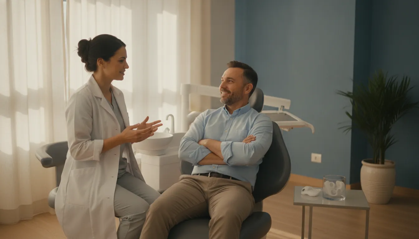 Dentist discussing whitening choices with an adult patient