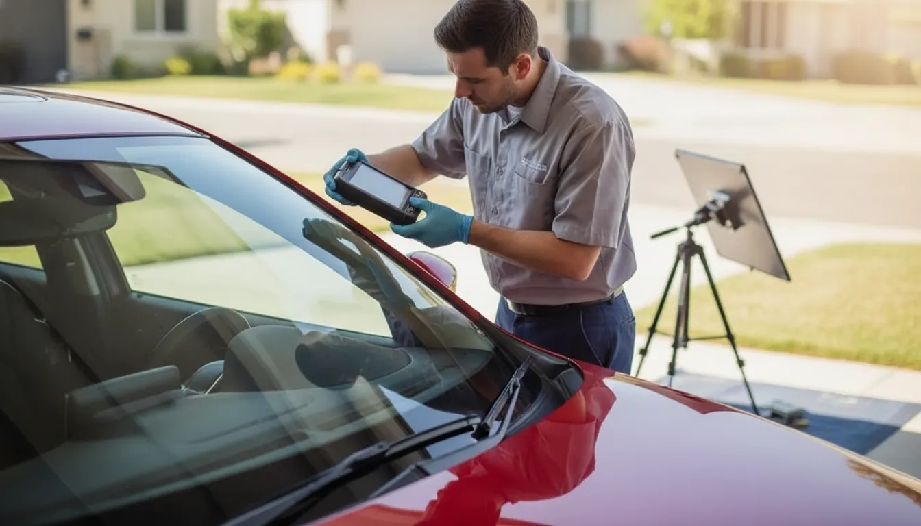 Technician inspecting an ADAS camera during windshield calibration